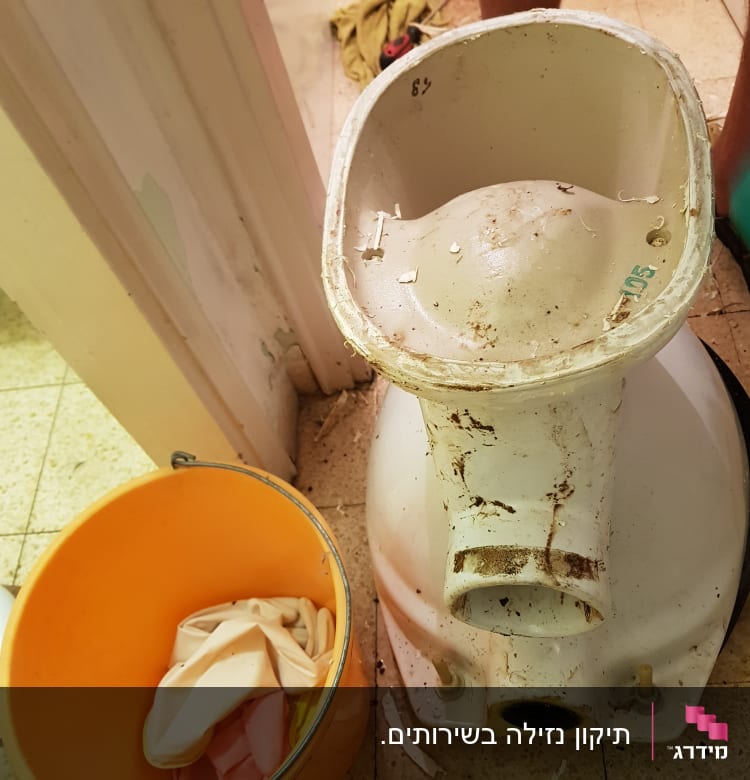 אסלה ישנה עם לכלוך ודלי כתום עם כפפות